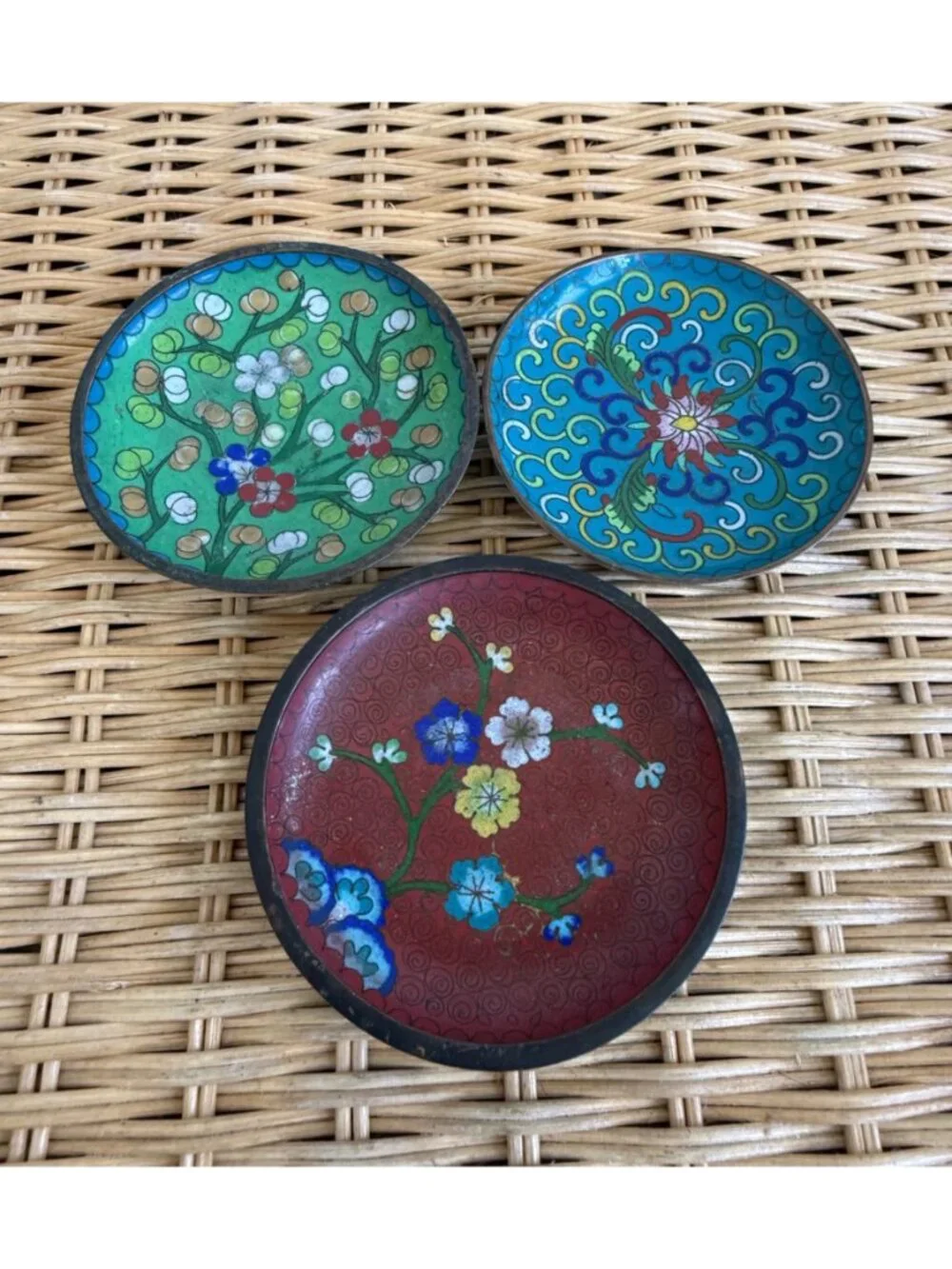 Vintage 30's Chinese Cloisonne Enamel set of 3 Trinket Dishes Floral